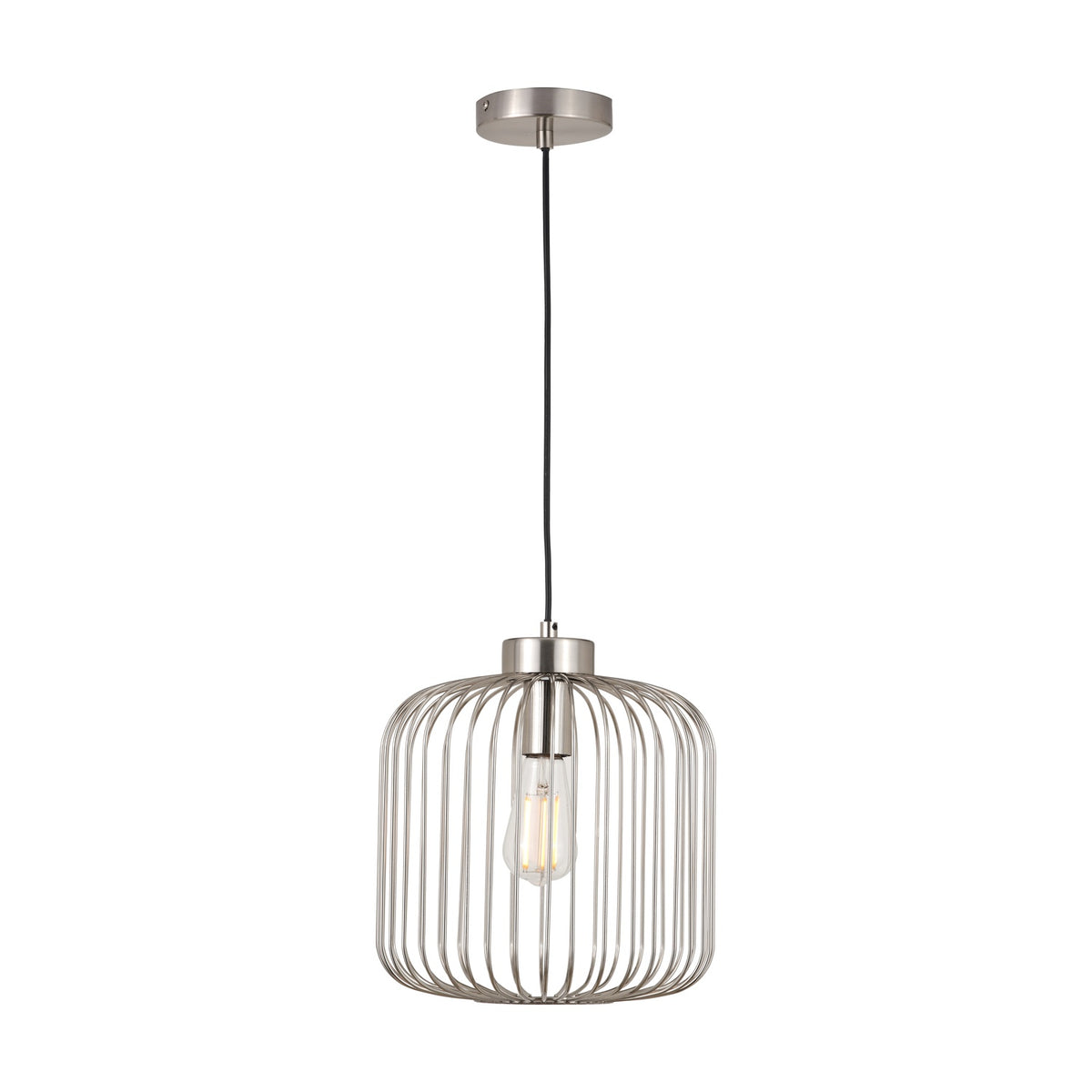 Dania Silver Metal Wire Pendant Light, 30cm, with a cylindrical wire cage shade, exposed bulb, and matching ceiling rose on a black cord, shown against a plain white background.