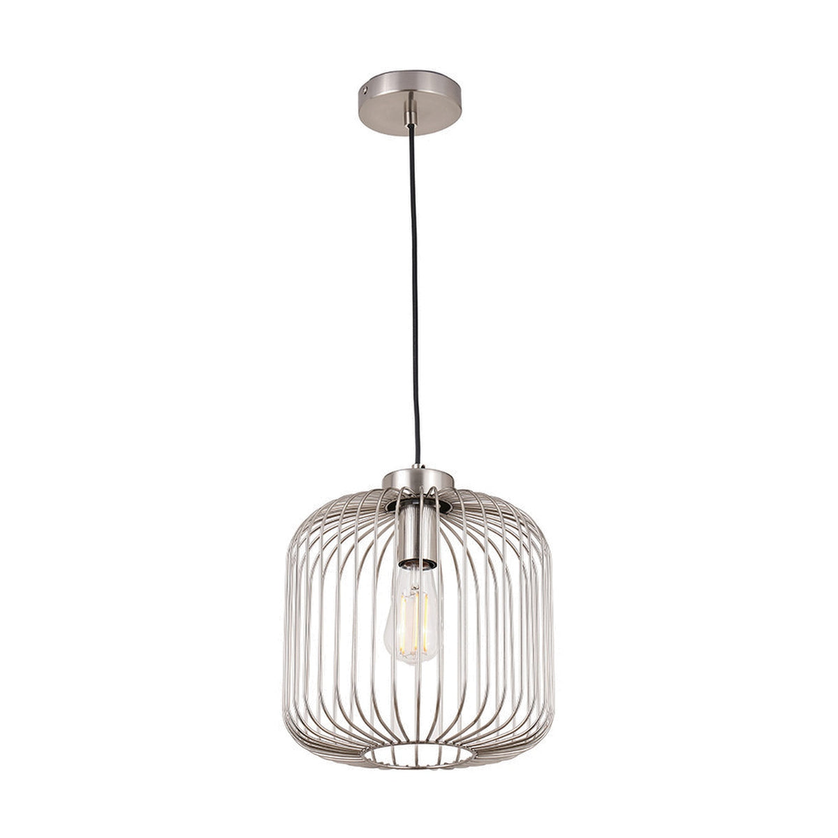 Dania Silver Metal Wire Pendant Light, 30cm, with a cylindrical vertical wire cage shade in a silver steel finish and visible bulb, hung on a black cord against a plain white background.