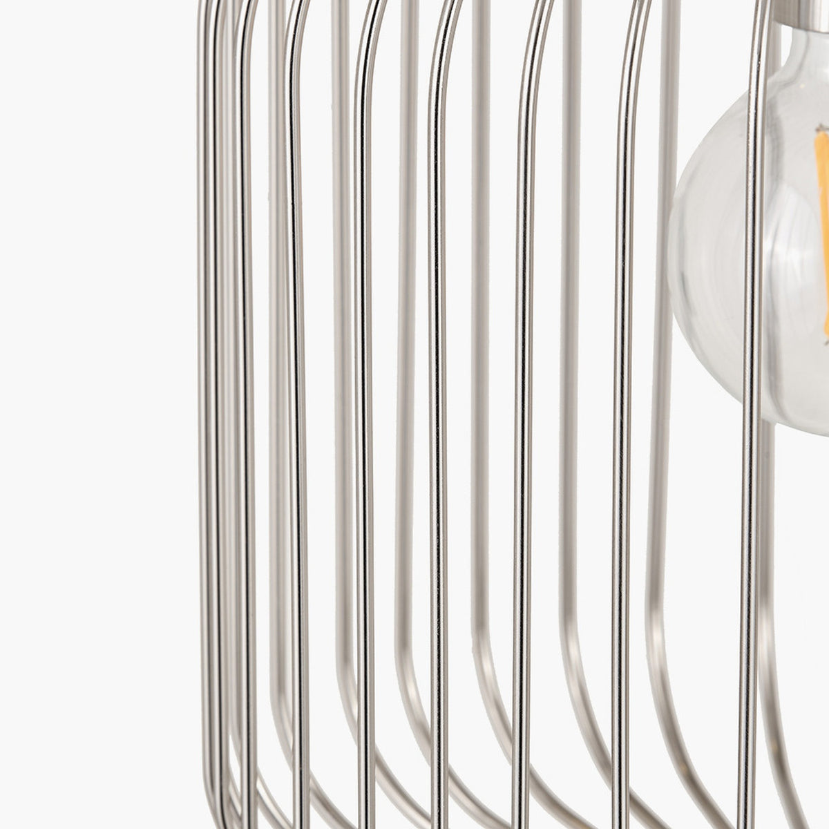 Close-up of the Dania Silver Metal Wire Pendant Light, 30cm, showing vertical steel wire cage bars in a silver finish around a visible exposed bulb.