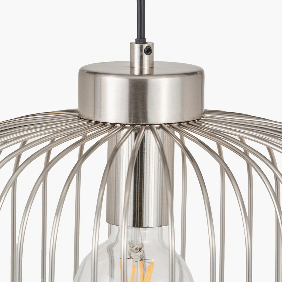 Close-up of the Dania Silver Metal Wire Pendant Light, 30cm, showing radiating steel wire arms, brushed silver canopy, and exposed bulb on a plain white background.