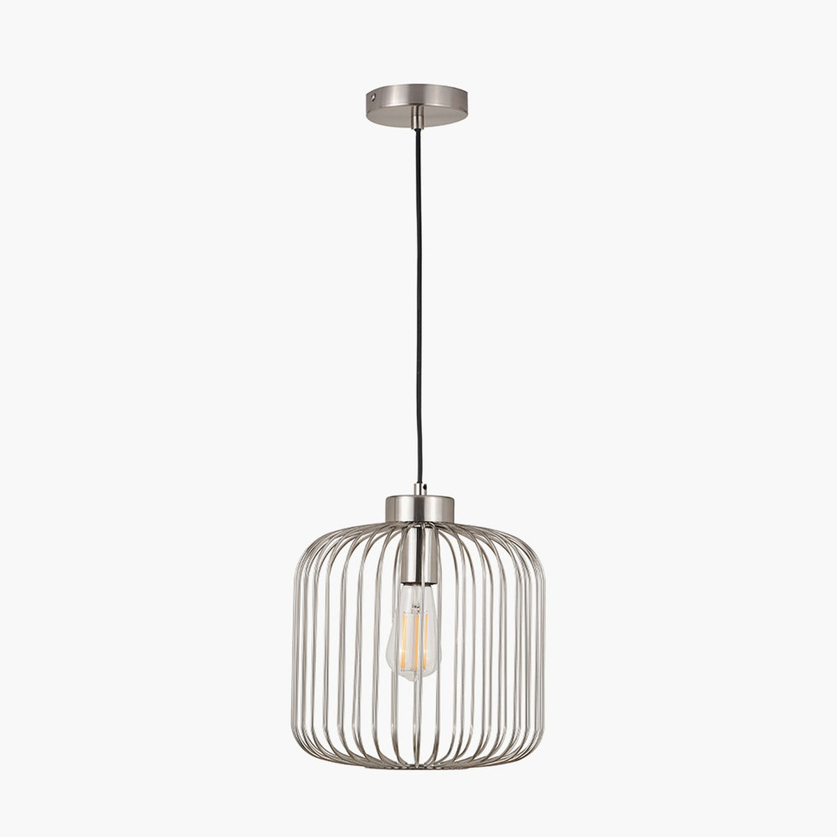 Dania Silver Metal Wire Pendant Light, 30cm, with a round drum-shaped vertical wire cage shade in silver steel, ceiling rose, black cord, and visible bulb, shown on a plain white background.