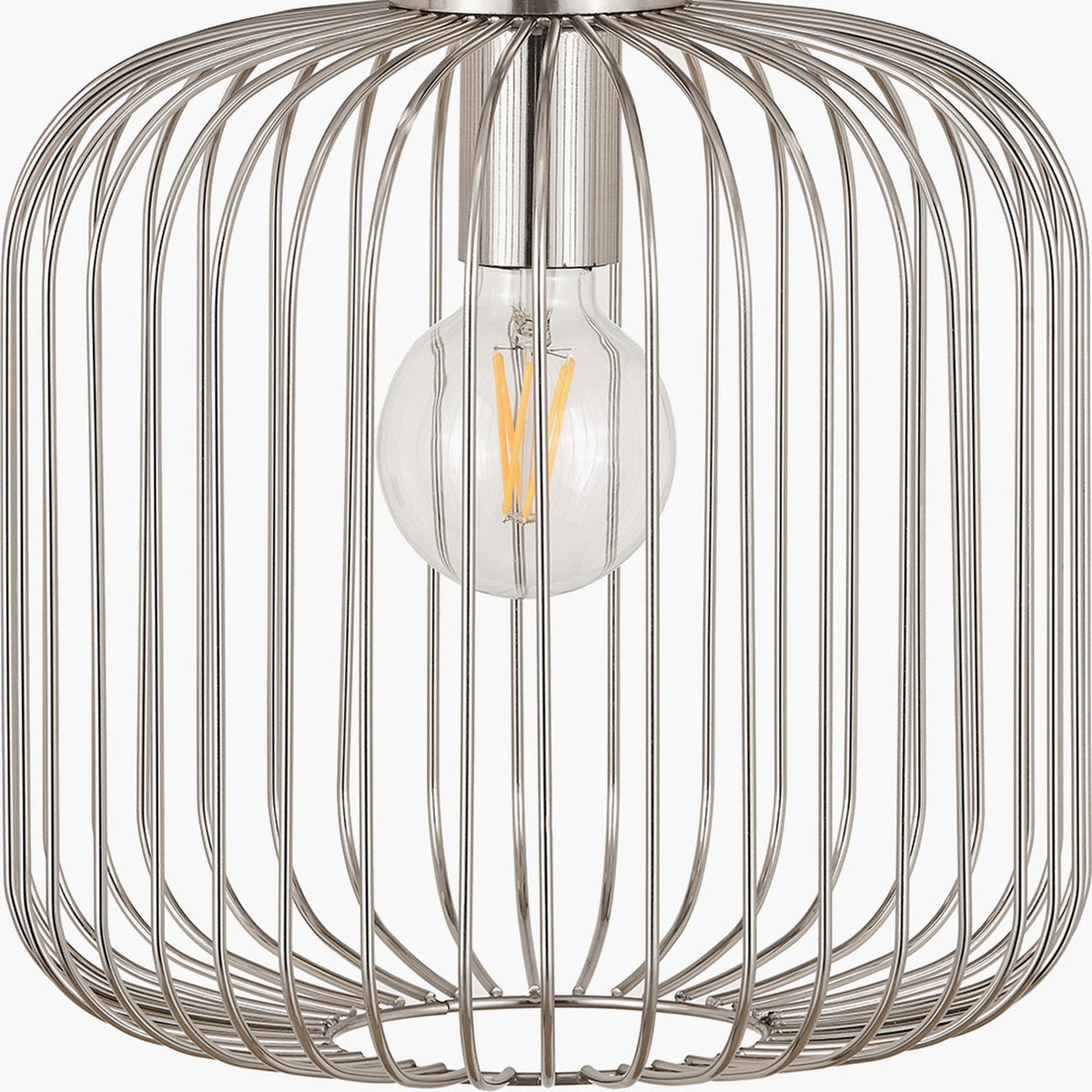 Dania Silver Metal Wire Pendant Light, 30cm, with vertical steel wire cage shade and exposed globe bulb, shown on a white background.