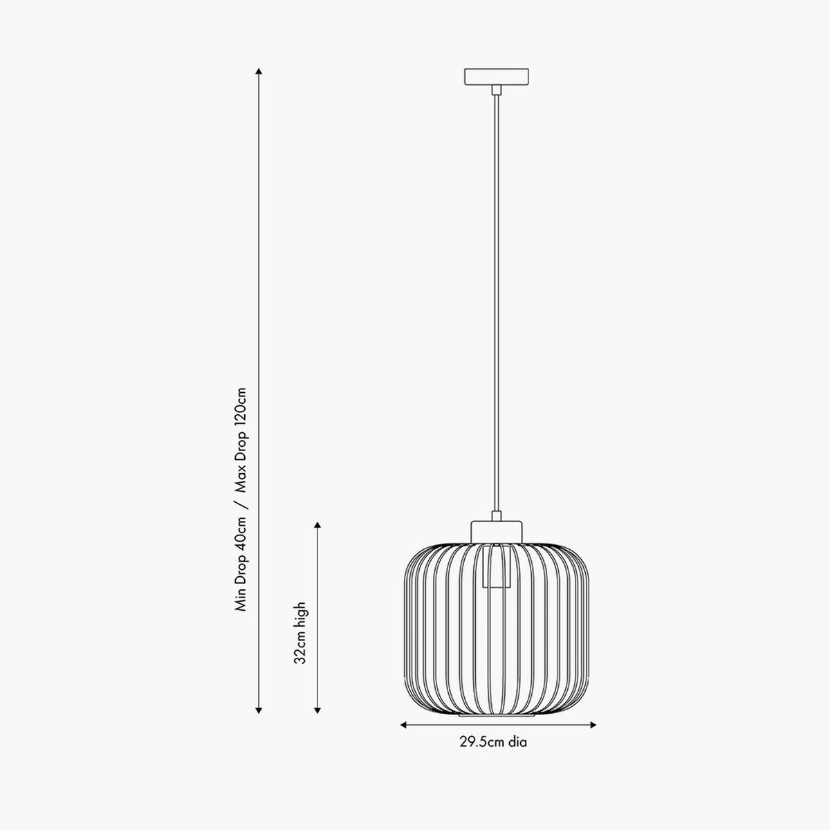 Dania Silver Metal Wire Pendant Light, 29.5cm dia drum-shaped wire shade on a slim rod, shown with dimension lines on a plain white background.