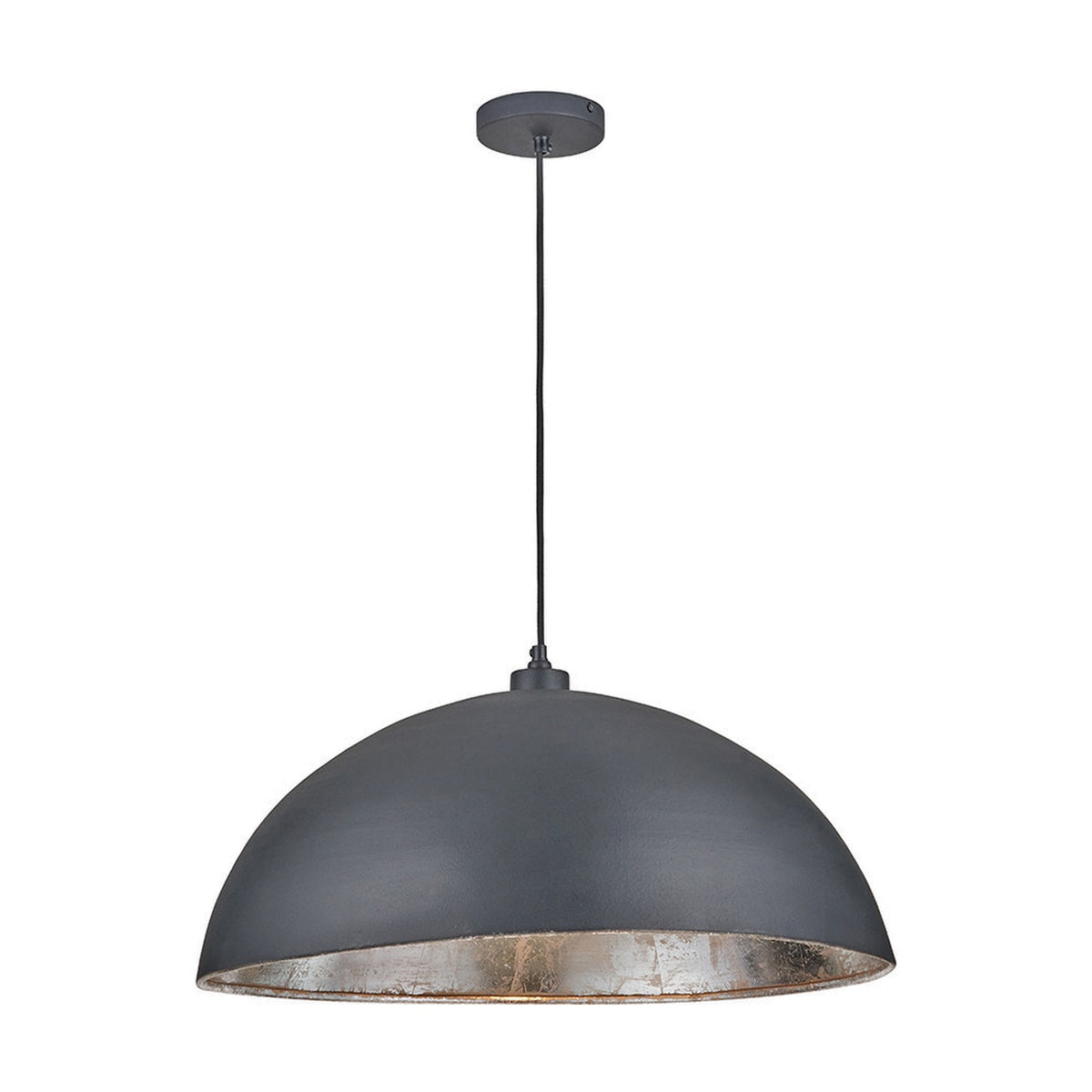 Anders Matt Black & Silver Leaf Iron Dome Pendant Light, 62cm, with black exterior and silver-leaf interior on a black cord, shown on a plain white background.