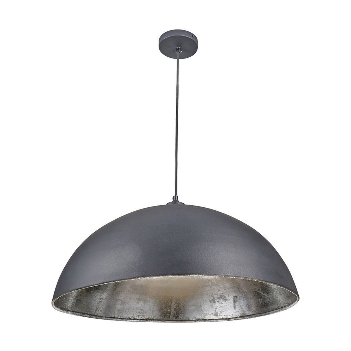 Anders Matt Black & Silver Leaf Iron Dome Pendant Light, 62cm, with a matt black exterior and silver leaf interior, suspended on a black cord against a plain white background.