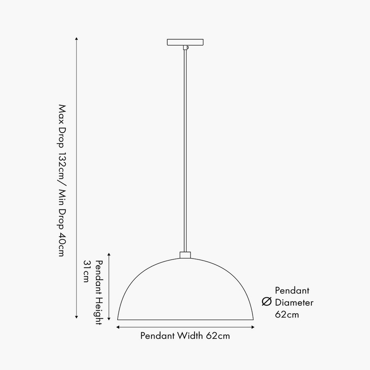Technical line drawing of the Anders matt black iron dome pendant light, 62cm wide, showing rod length and drop dimensions on a plain white background.
