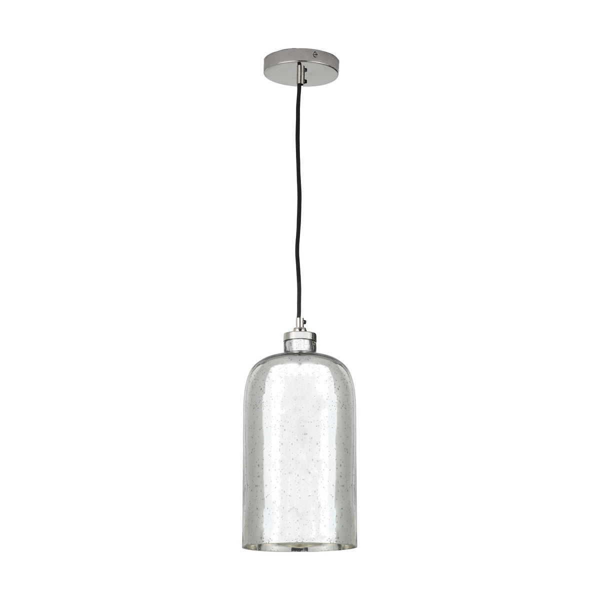 Ophelia Mercurial Glass Pendant Light in 18cm cylindrical seeded glass shade with chrome ceiling rose and black cord, shown on a plain white background.
