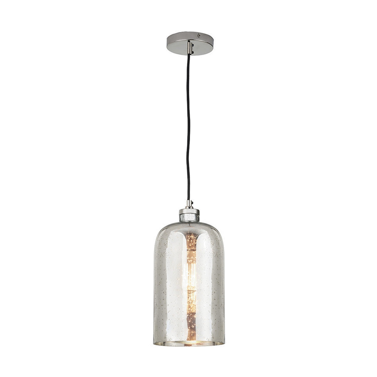 Ophelia Mercurial Glass Pendant Light, 18cm, with a cylindrical seeded mercury glass shade, chrome fitting and ceiling rose on a black cable, shown on a plain white background.