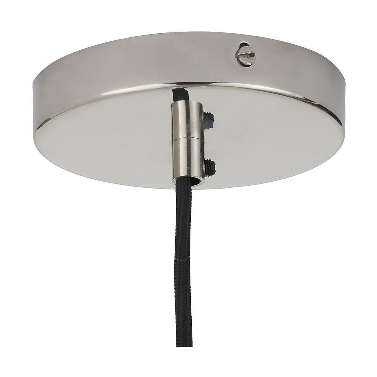 Ophelia Mercurial Glass Pendant Light ceiling canopy in polished chrome with adjustable cable grip and black fabric flex, shown against a plain white background.