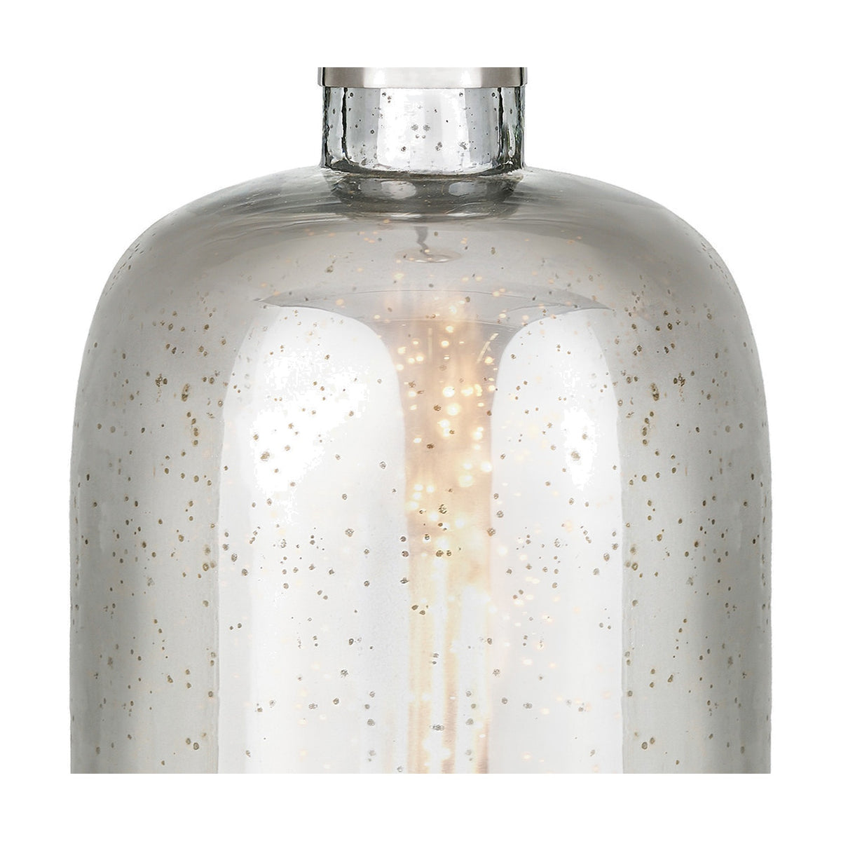 Close-up of the Ophelia Mercurial Glass Pendant Light, 18cm, showing speckled mercury glass dome with brushed metal collar and glowing bulb, on a white background.