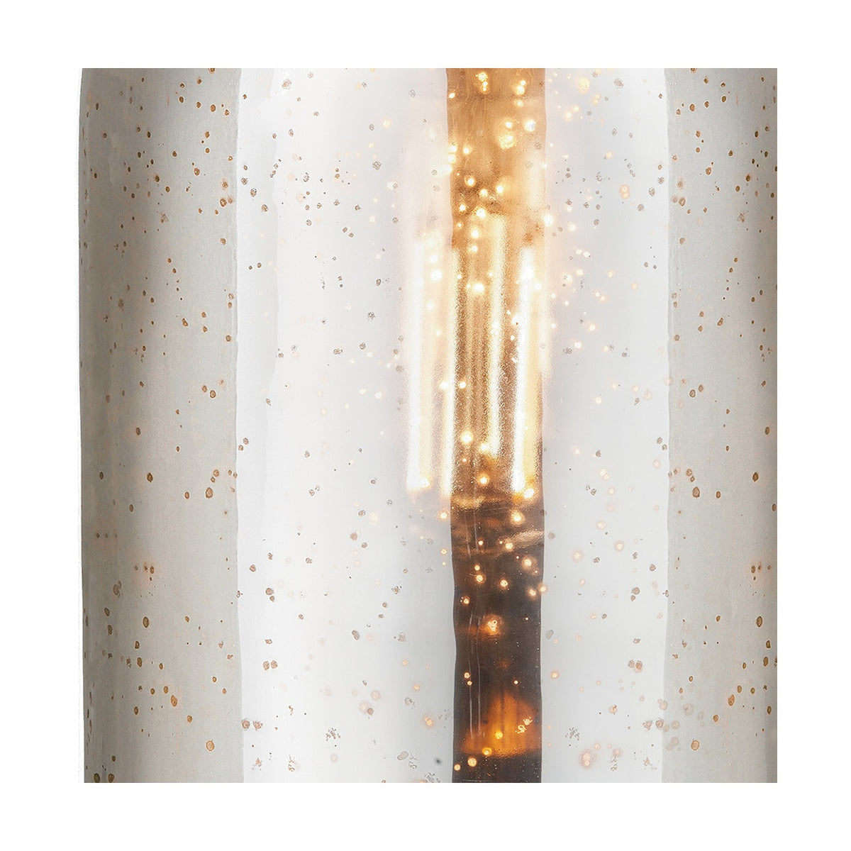 Close-up of the Ophelia Mercurial Glass Pendant Light, 18cm, showing speckled mercury glass finish with an illuminated bulb glowing amber within.