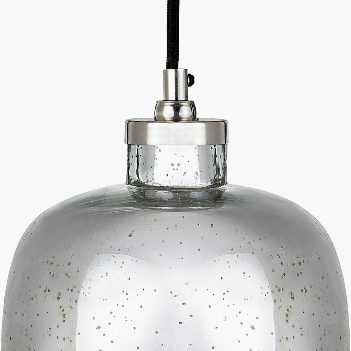Ophelia Mercurial Glass Pendant Light, 18cm, with speckled silver glass dome and brushed metal ceiling fitting on a black cord, shown on a plain white background.