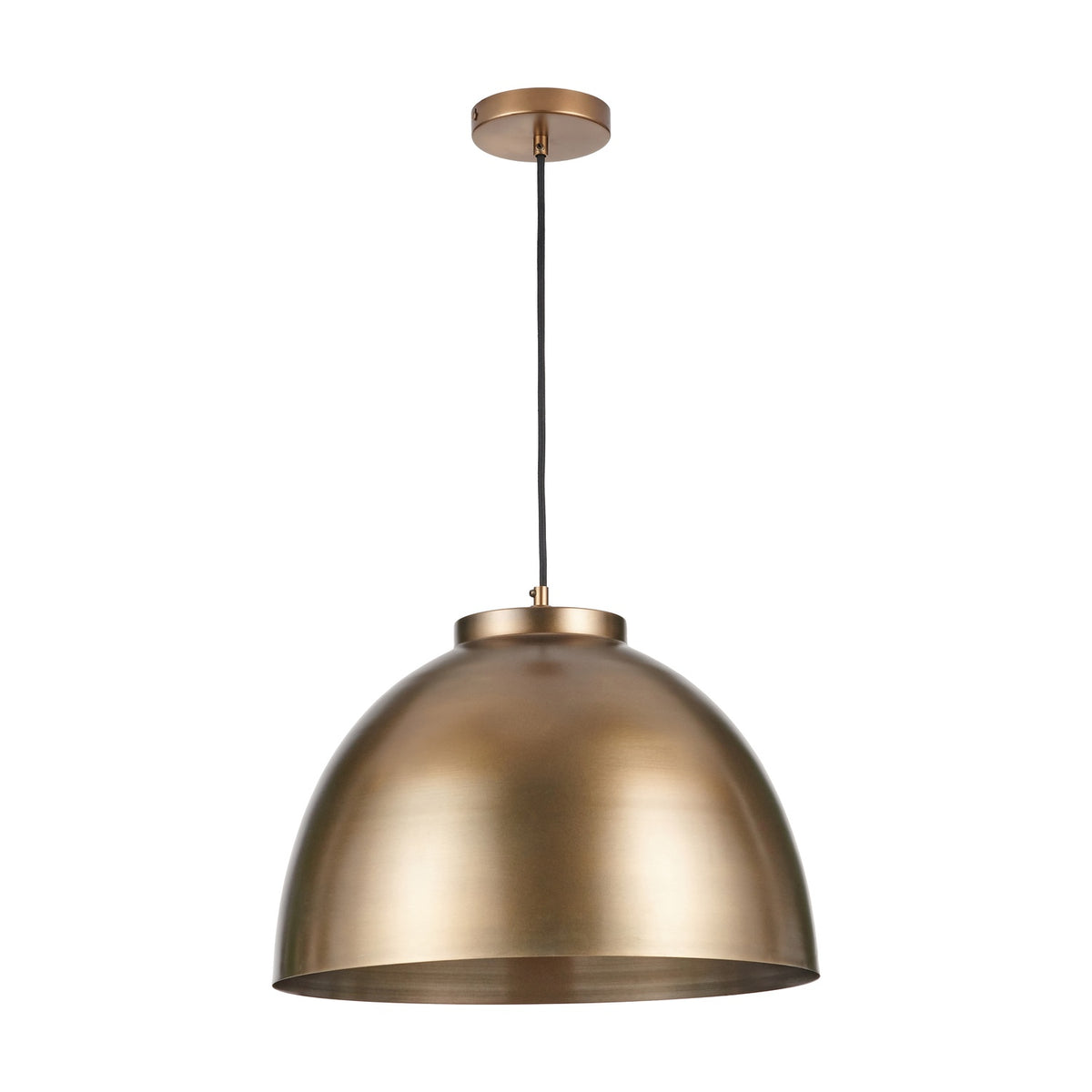 Harlem Antique Brass Domed Pendant Light, 45cm wide metal dome shade with black cable and round ceiling canopy, shown against a plain white background.