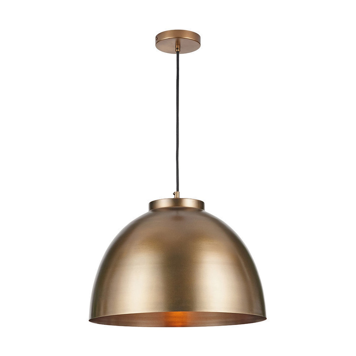 Harlem Antique Brass Domed Pendant Light, 45cm wide dome shade in metal with visible brass ceiling rose and cable, shown against a plain white background.