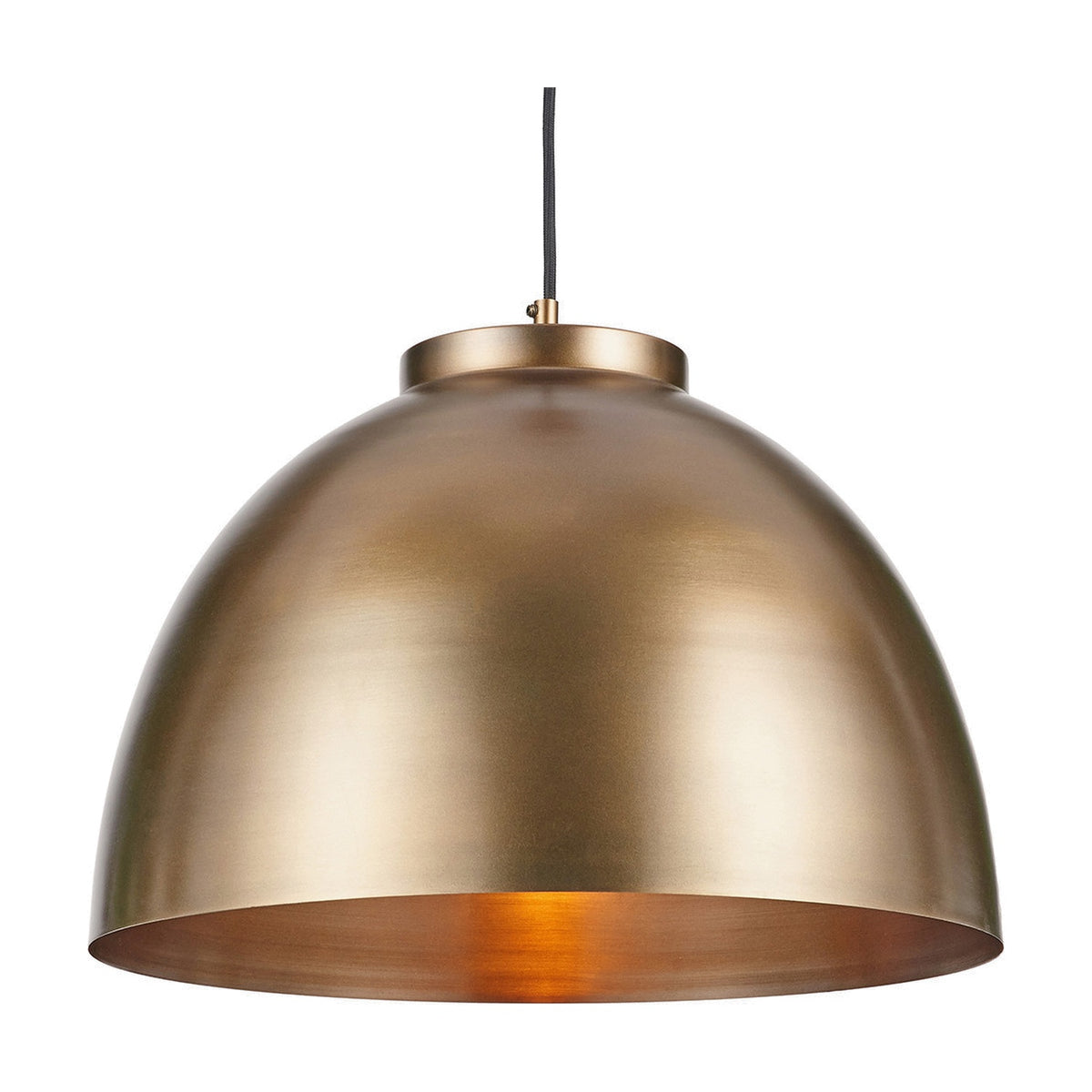 Harlem Antique Brass Domed Pendant Light, 45cm wide dome shade in metal with brushed brass finish, ceiling mount and black cord, shown on a plain white background.