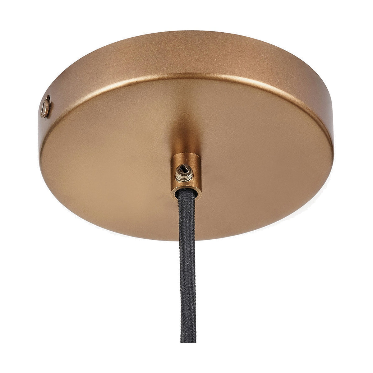Harlem Antique Brass Domed Pendant Light, 45cm, close-up of the domed ceiling rose and cable exit with black fabric flex, on a plain white background.