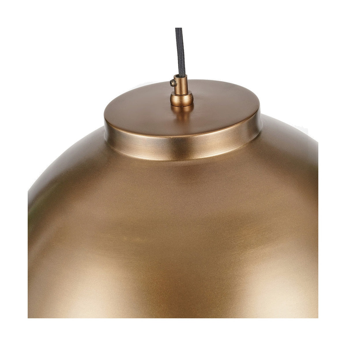 Close-up of the Harlem Domed Pendant Light in antique brass, showing the smooth metal dome, top canopy, and black fabric cable against a white background.