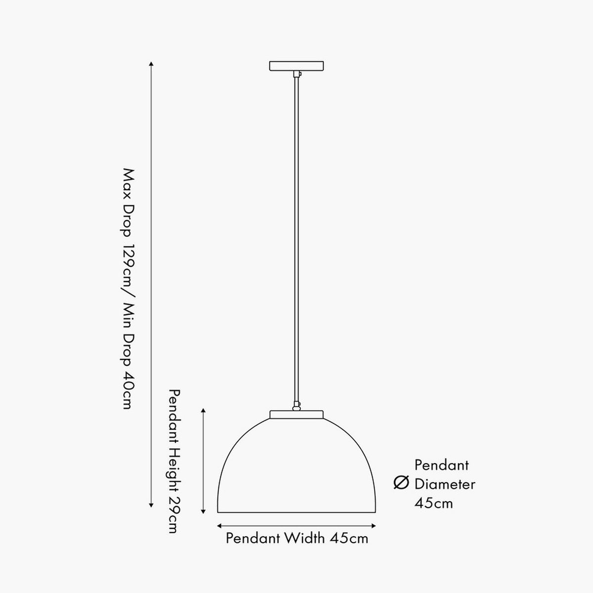 Line drawing of the Harlem Antique Brass Domed Pendant Light showing a 45cm wide dome shade with rod suspension and ceiling plate, labelled with drop and diameter dimensions.