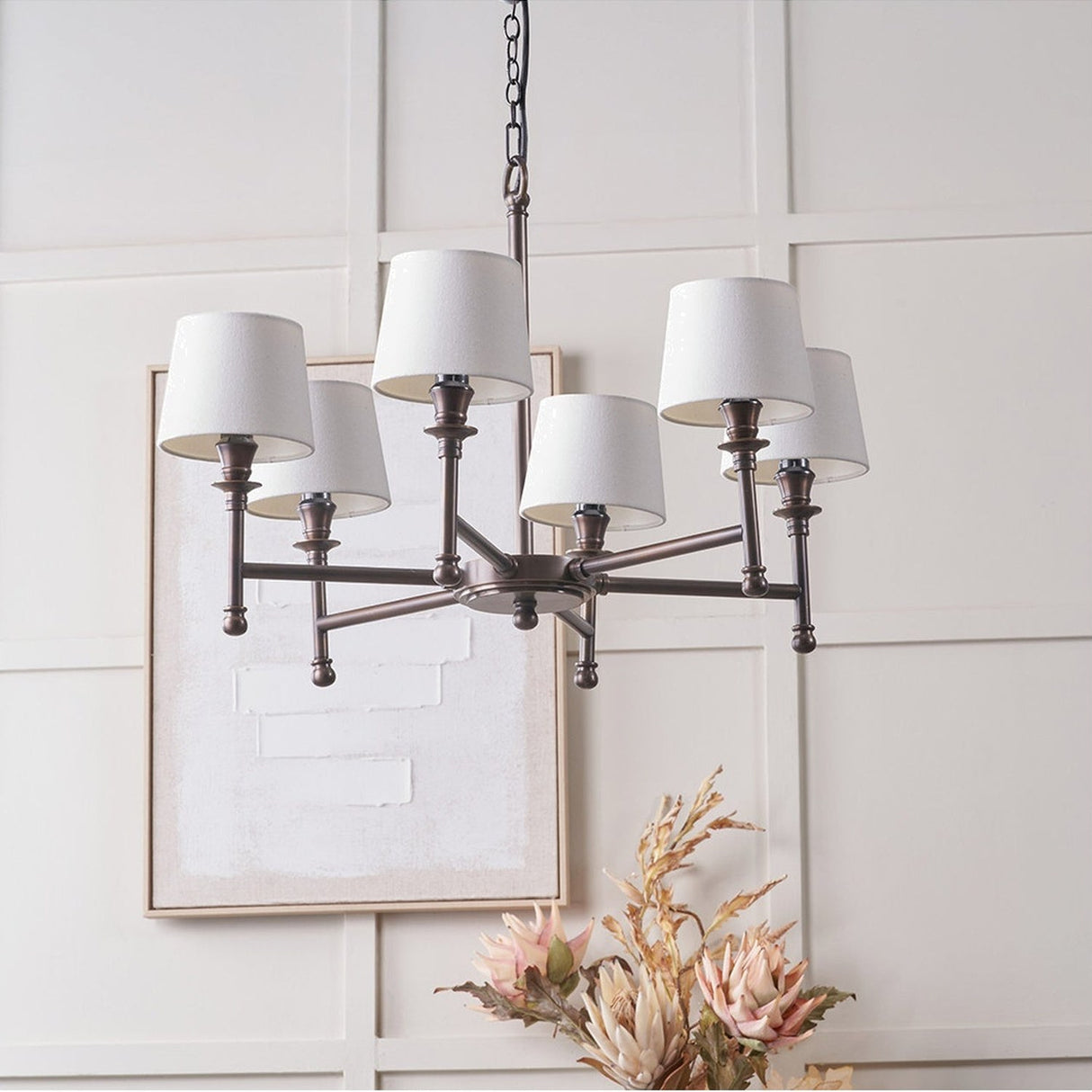 Piero Antique Bronze 6 Arm Pendant with White Handloom Tapered Light