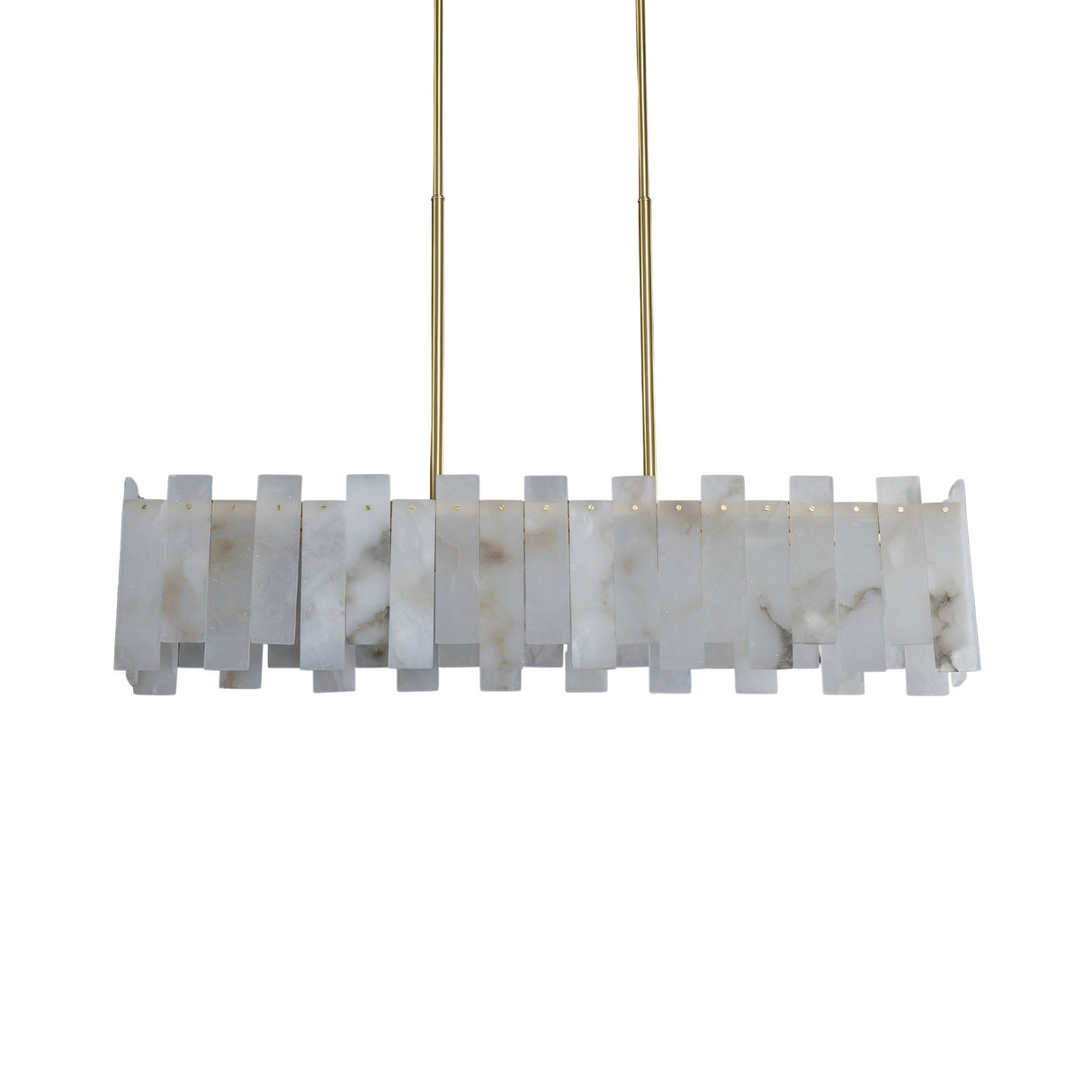 The Lunaro Linear Panel Alabaster Chandelier features vertical soft white alabaster panels side by side, suspended by two slim brushed brass rods for a sleek, modern look.