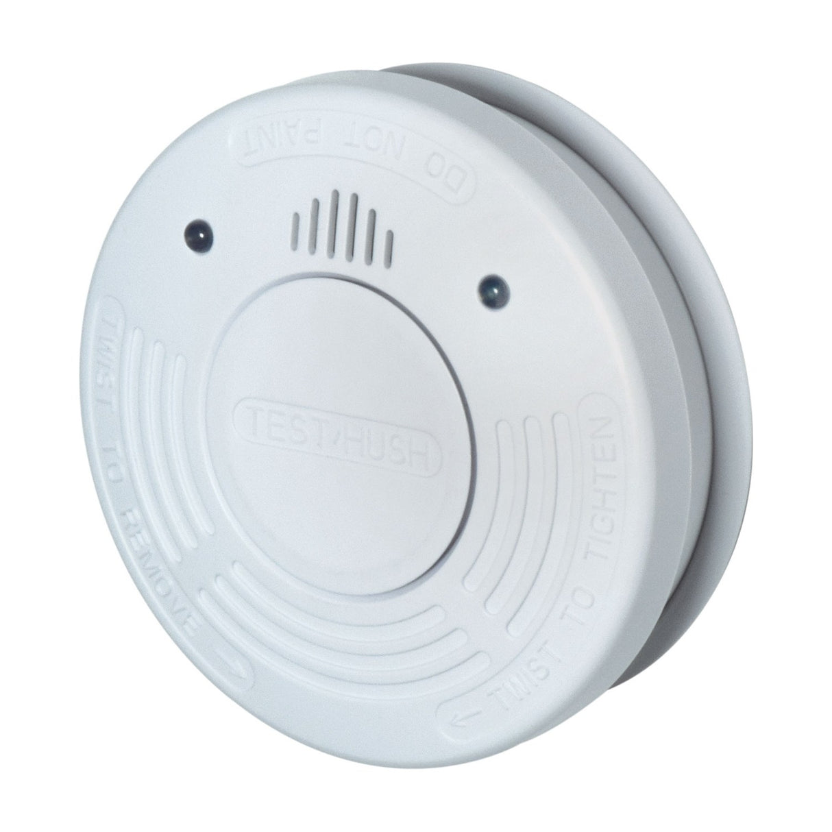 Mercury photoelectric smoke detector with round white ABS housing, central test/hush button, LED indicators and side vents on a plain background.