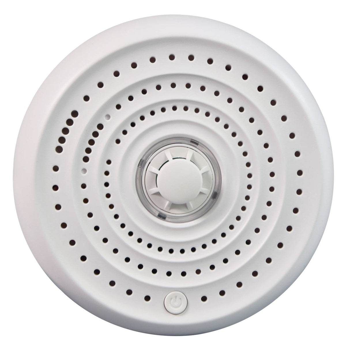 The Mercury Heat Alarm With 10 Year Sealed Battery is a white, round alarm with concentric ventilation holes, a central knob, and power button. It uses thermistor technology and offers long-lasting protection with its built-in 10-year battery.