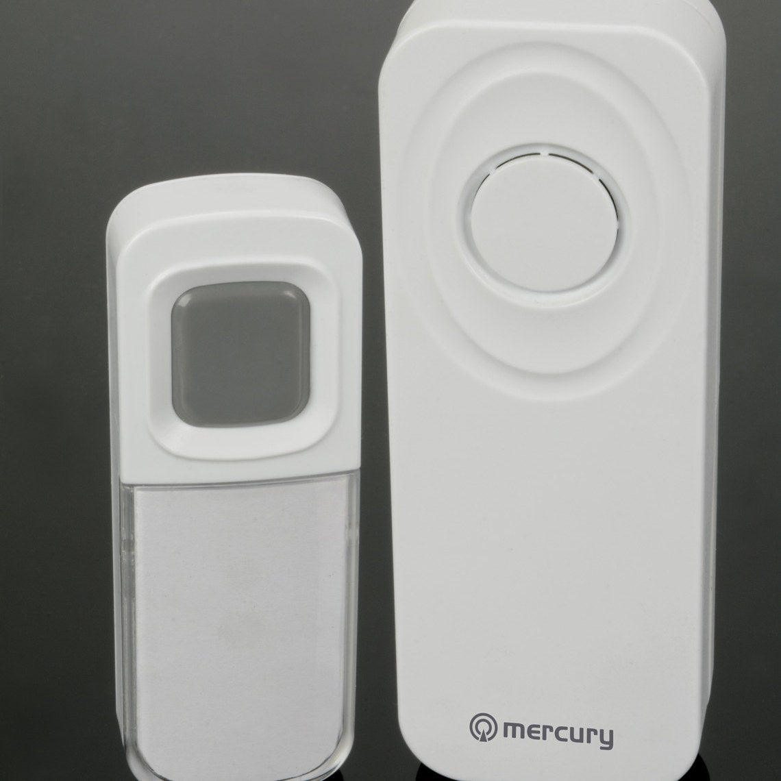 Mercury wireless waterproof doorbell kit in white, showing the compact IP54 push button with clear name card cover beside the portable chime unit.