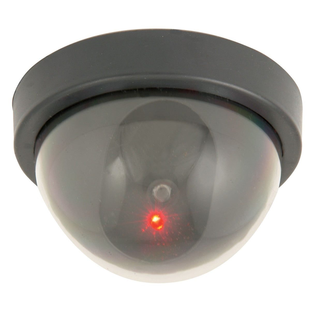 The Mercury Dummy Dome CCTV Camera is a battery-operated device with a dark tinted cover and a flashing red LED, mounted on the ceiling to give the impression of active surveillance and enhance security.