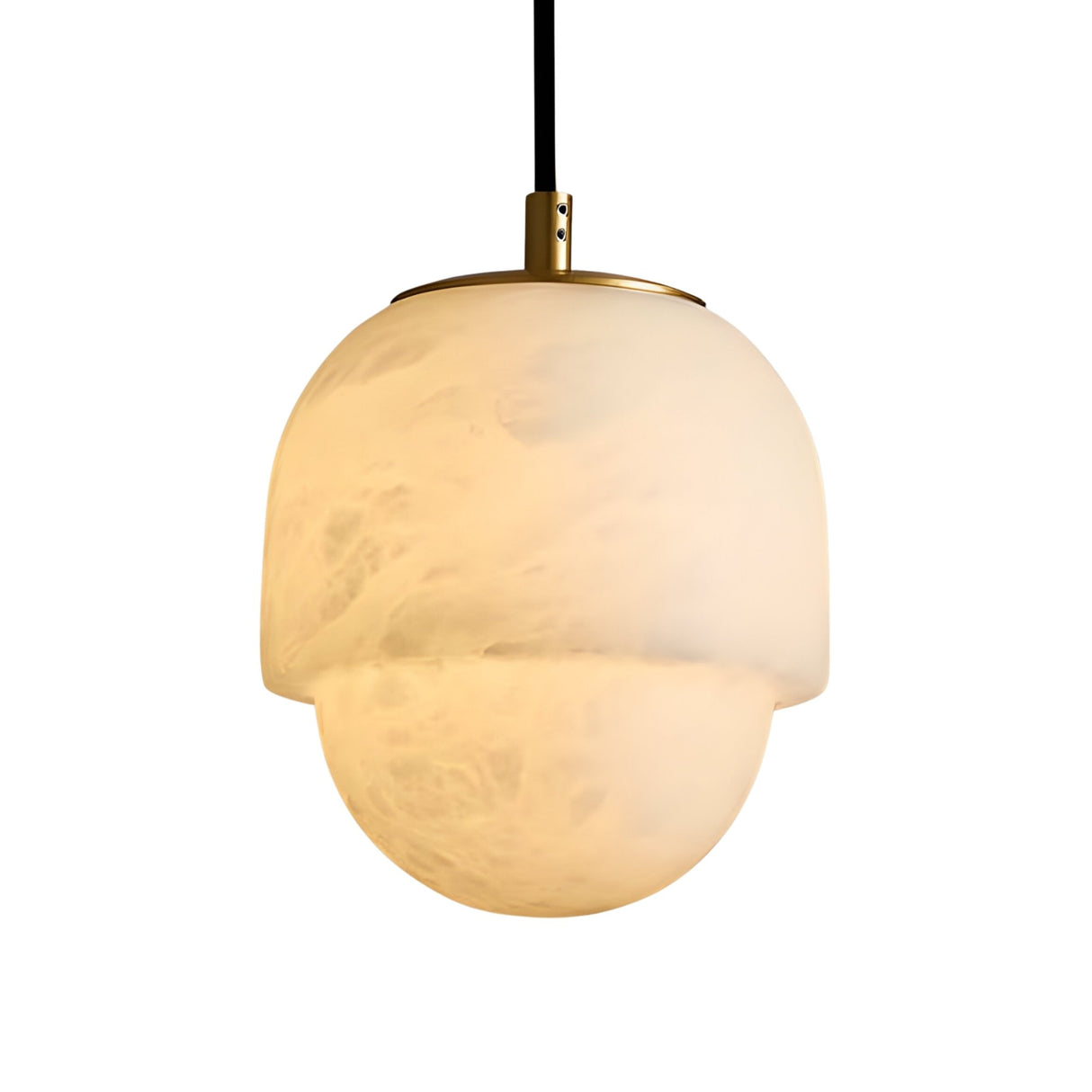 The Esmira 1 Light Layered Dome Alabaster Single Pendant Light features a marbled glass shade in soft white, suspended by a black cord and accented with a brushed brass fixture for a modern look.