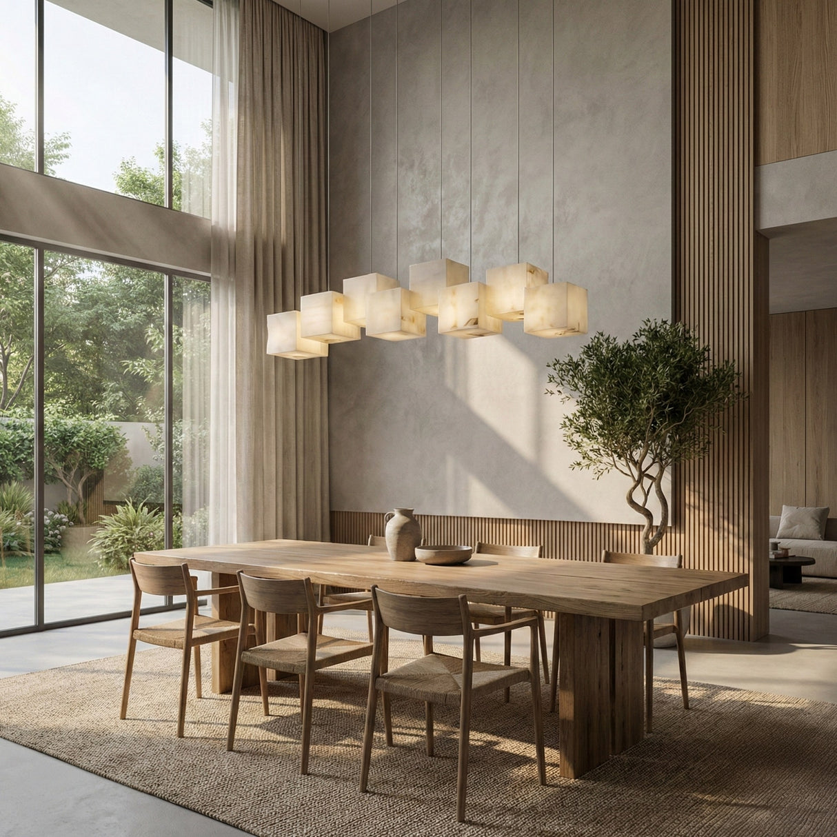 Niori Elmyra 8 Light Linear Alabaster Pendant in Soft White with staggered cube shades, hanging above a wooden dining table in a sunlit room.