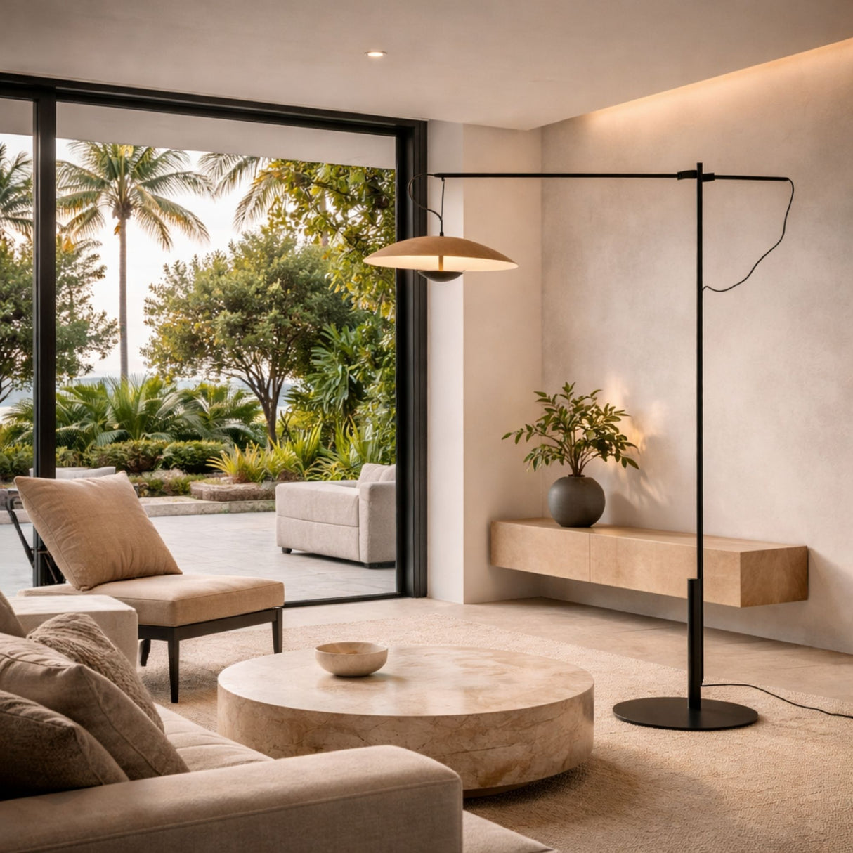 A modern living room with neutral tones features a round coffee table, sofa, and the Ginger LED Large Floor Lamp - Black & Brown. Large glass doors open to a patio with palm trees and lush greenery, blending indoor comfort with outdoor beauty.