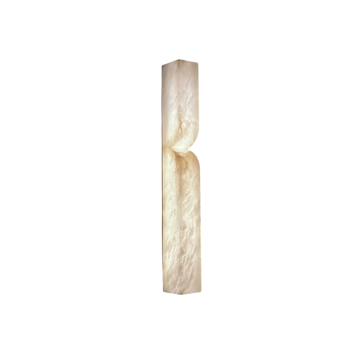 A tall, rectangular, cream-colored stone sculpture with a gentle inward center curve resembles the Vera LED Small Silhouette Alabaster Wall Light – Soft White, set upright against a plain white background.