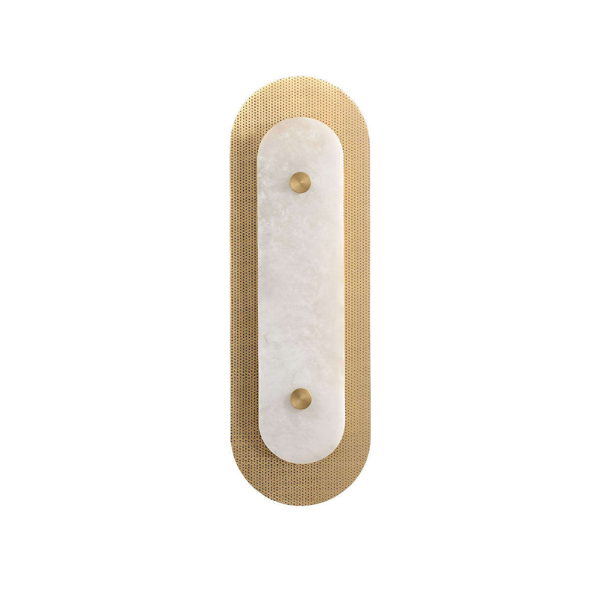 The Avelora LED Small Capsule Alabaster Wall Light in Soft White & Brass features a sleek oval design with a central white marble panel and gold accents, providing elegant minimalist lighting on any crisp white backdrop.