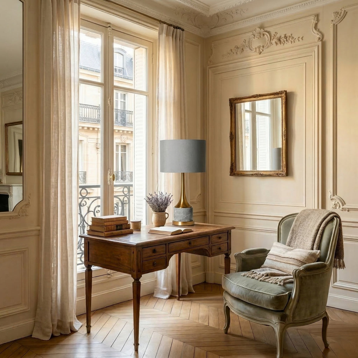 A sunlit Parisian-style room with tall windows, elegant moldings, a vintage desk, the Marvello 1 Light Angular Marble Table Lamp in white and brass, a gold-framed mirror, a green armchair, and a beige throw blanket.