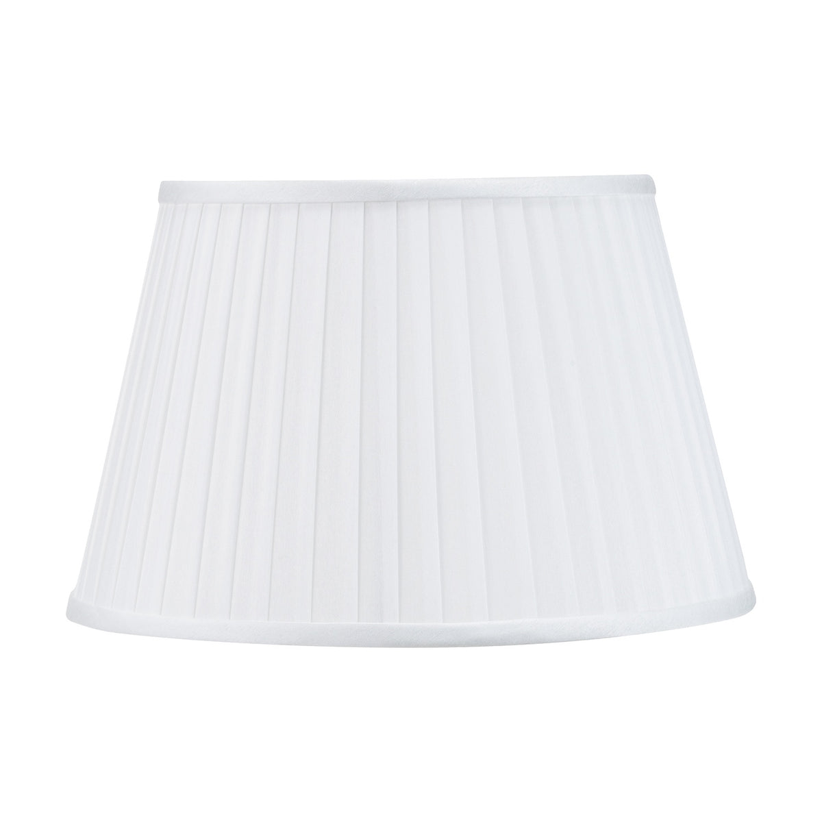 Lyndon Ivory Silk Mix Knife Pleated Tapered Lampshade, 35cm, in fabric with fine vertical pleats and a rounded trim, shown on a plain white background.