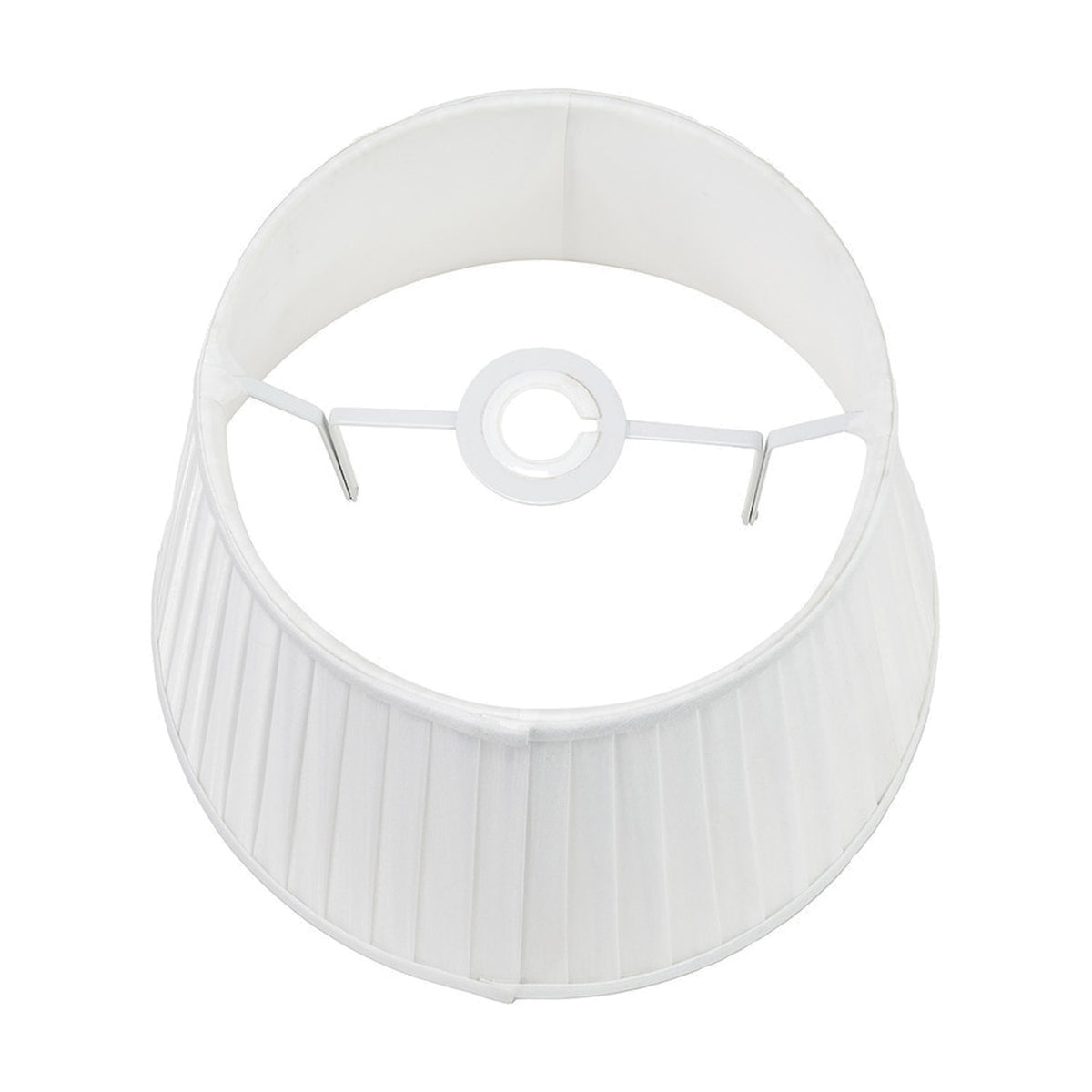 Lyndon ivory silk mix knife pleated tapered lampshade, 35cm, shown from above with white metal fitter visible, on a plain white background.