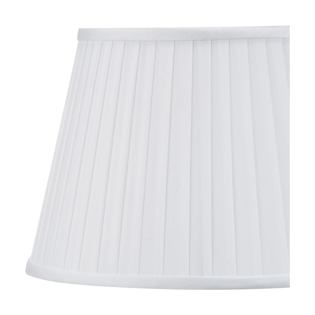 Close-up of the Lyndon Ivory Silk Mix Knife Pleated Tapered Lampshade, 35cm, showing fine vertical pleats and a trimmed edge on a white background.