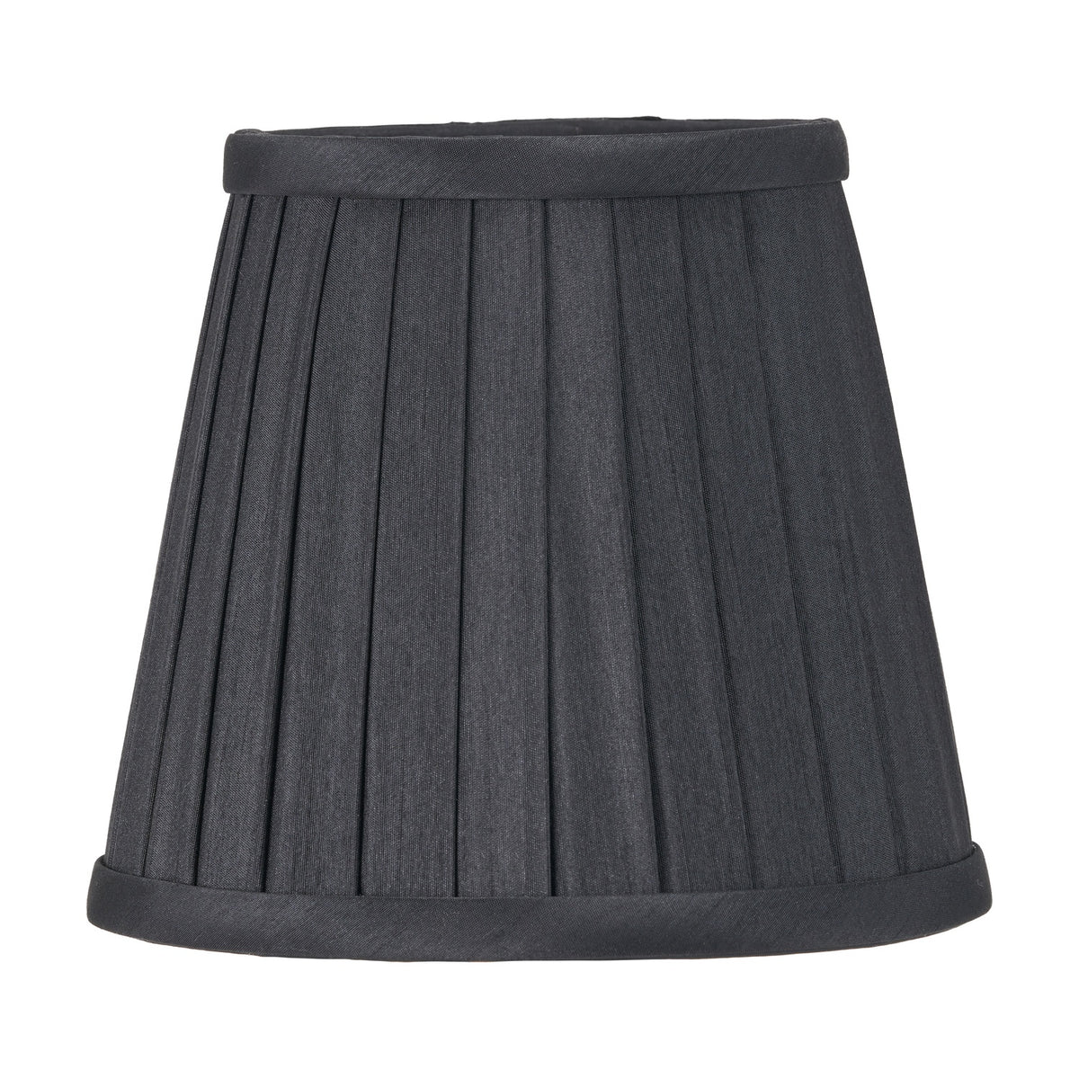 Lyndon Black Silk Mix Knife Pleated Tapered Lampshade, 16cm, in fabric with fine vertical pleats and a bound trim, shown on a plain white background.