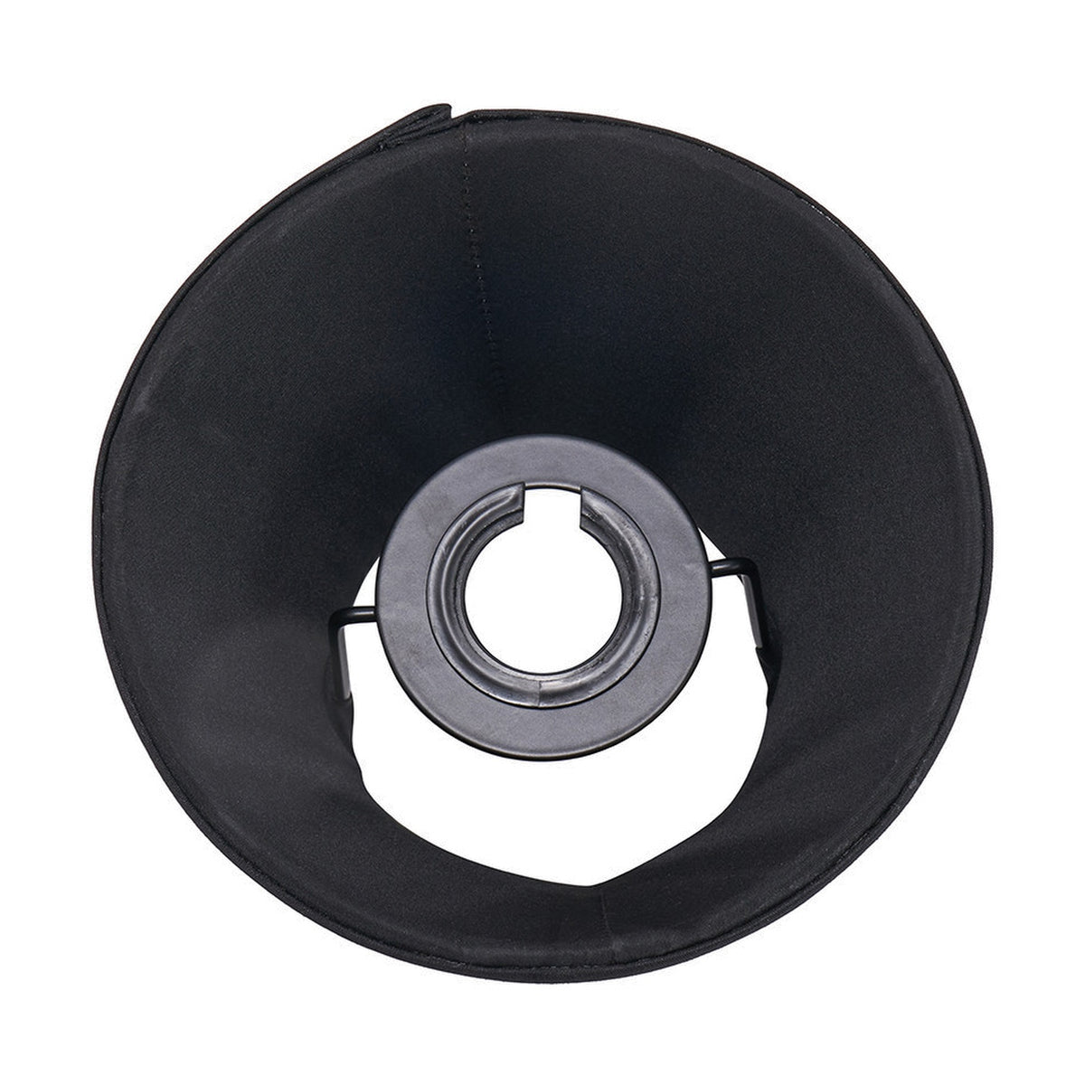 Bottom view of the Lyndon black silk mix knife pleated tapered lampshade, 16cm, showing the fabric interior and metal fitting ring on a white background.