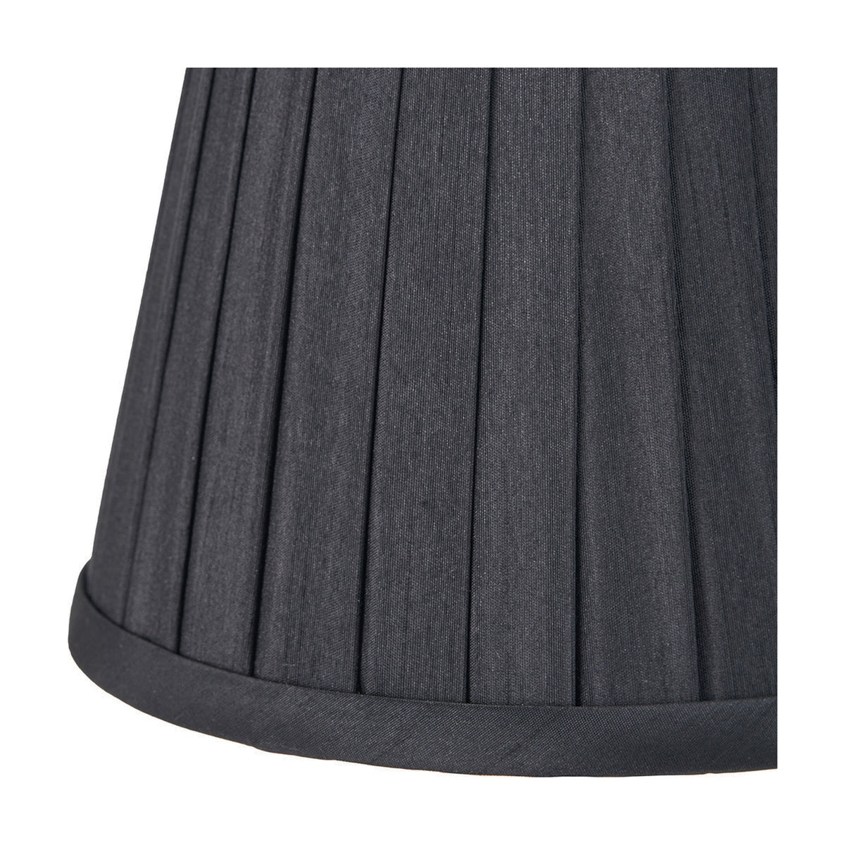 Close-up of the Lyndon Black Silk Mix Knife Pleated Tapered Lampshade, 16cm, showing fine vertical pleats in black fabric with a bound edge trim.