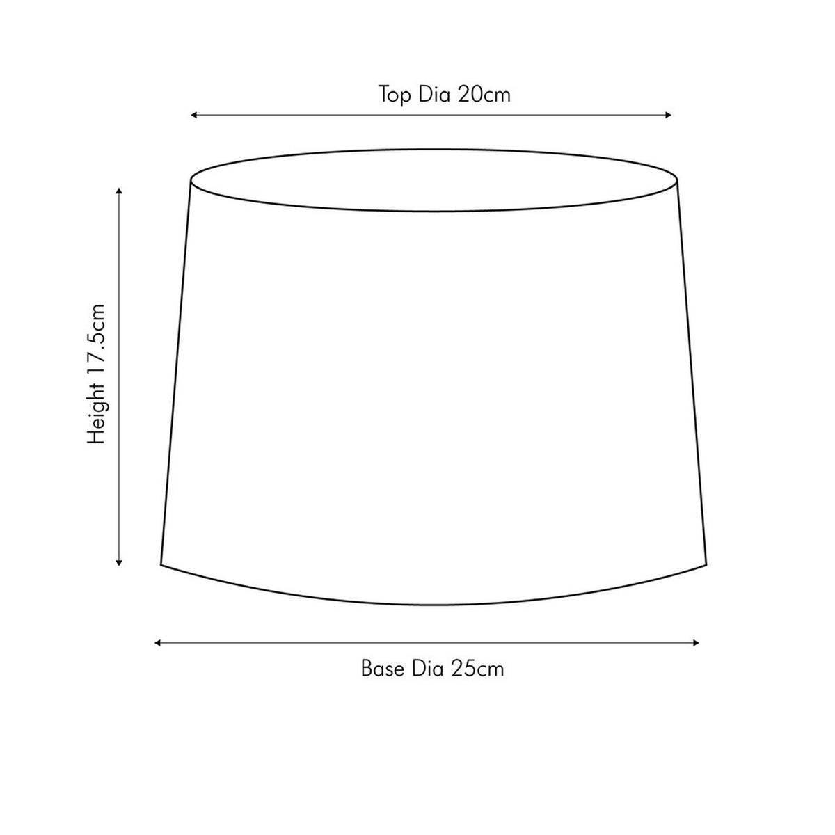 Adelaide Sage tapered cotton mix lampshade with dimension diagram showing 20cm top diameter, 25cm base diameter, and 17.5cm height, on a white background.