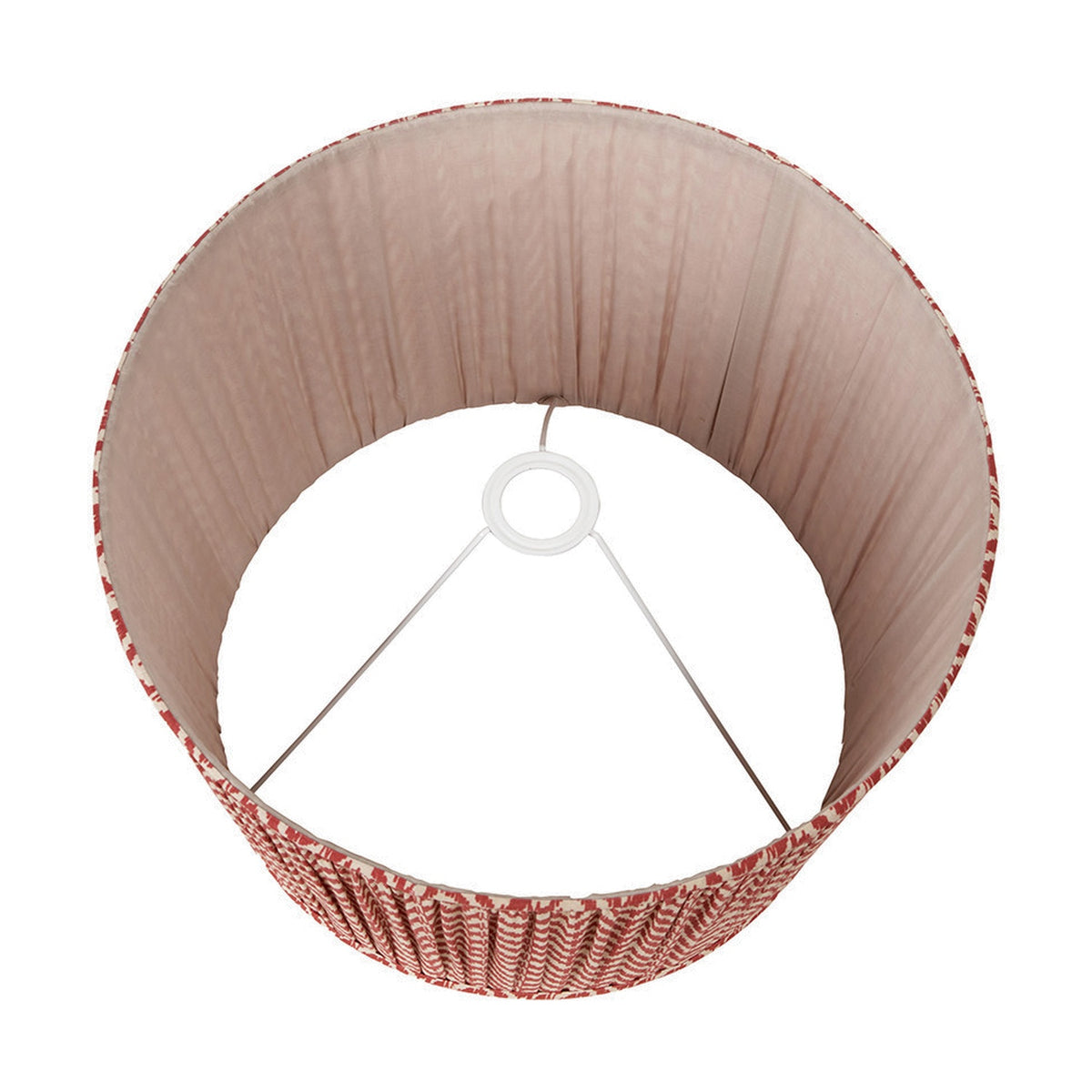 Vienna Red Chevron Pleated Lampshade, 30cm, viewed from below showing pink fabric interior and white gimbal fitting against a plain white background.