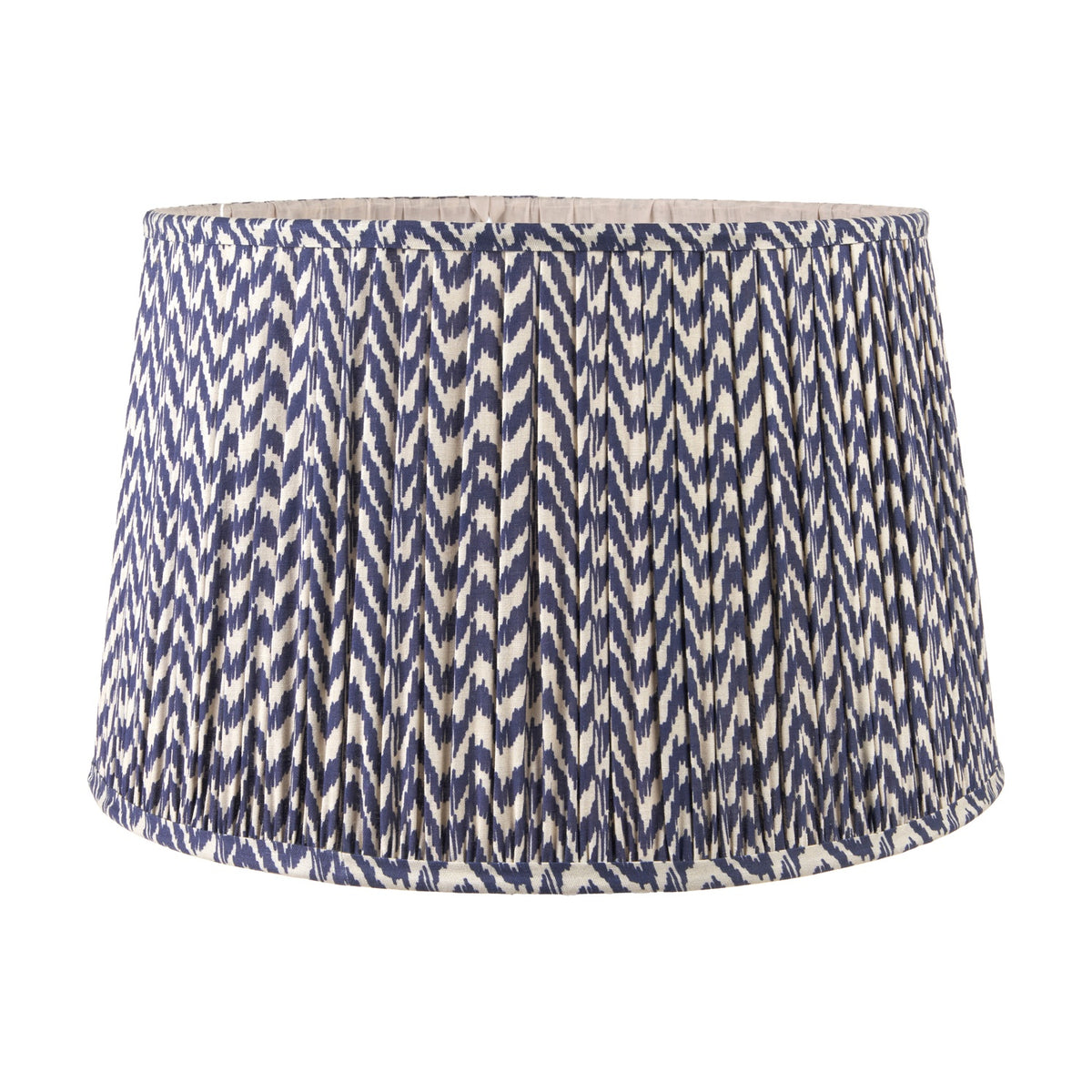 Vienna Blue Chevron Pleated Lampshade, 40cm, in fabric with a navy and cream zigzag pattern, gathered pleats, shown on a plain white background.