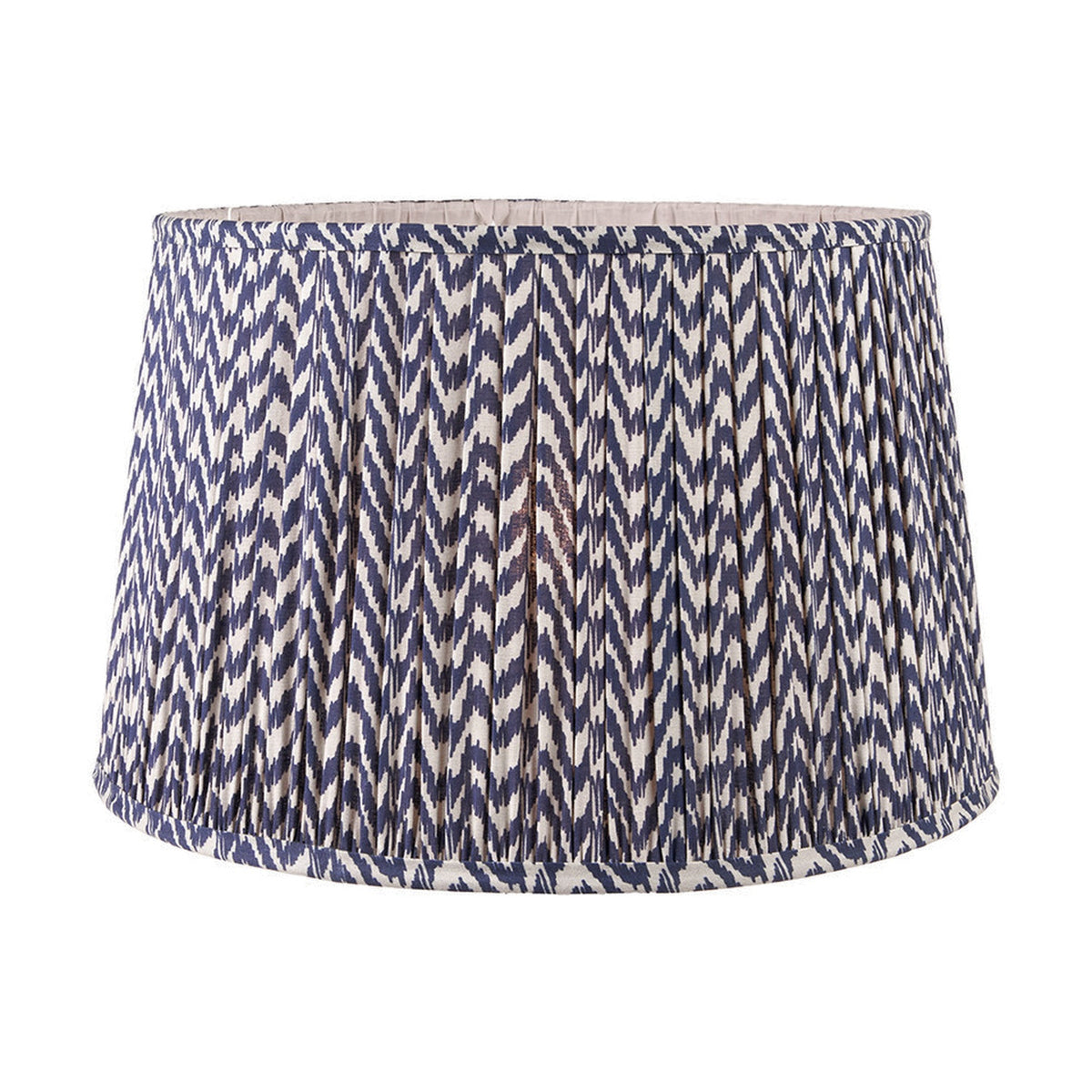 Vienna Blue Chevron Pleated Lampshade, 40cm, tapered drum shape in fabric with a blue and white zigzag pattern, pleated finish, shown on a plain white background.