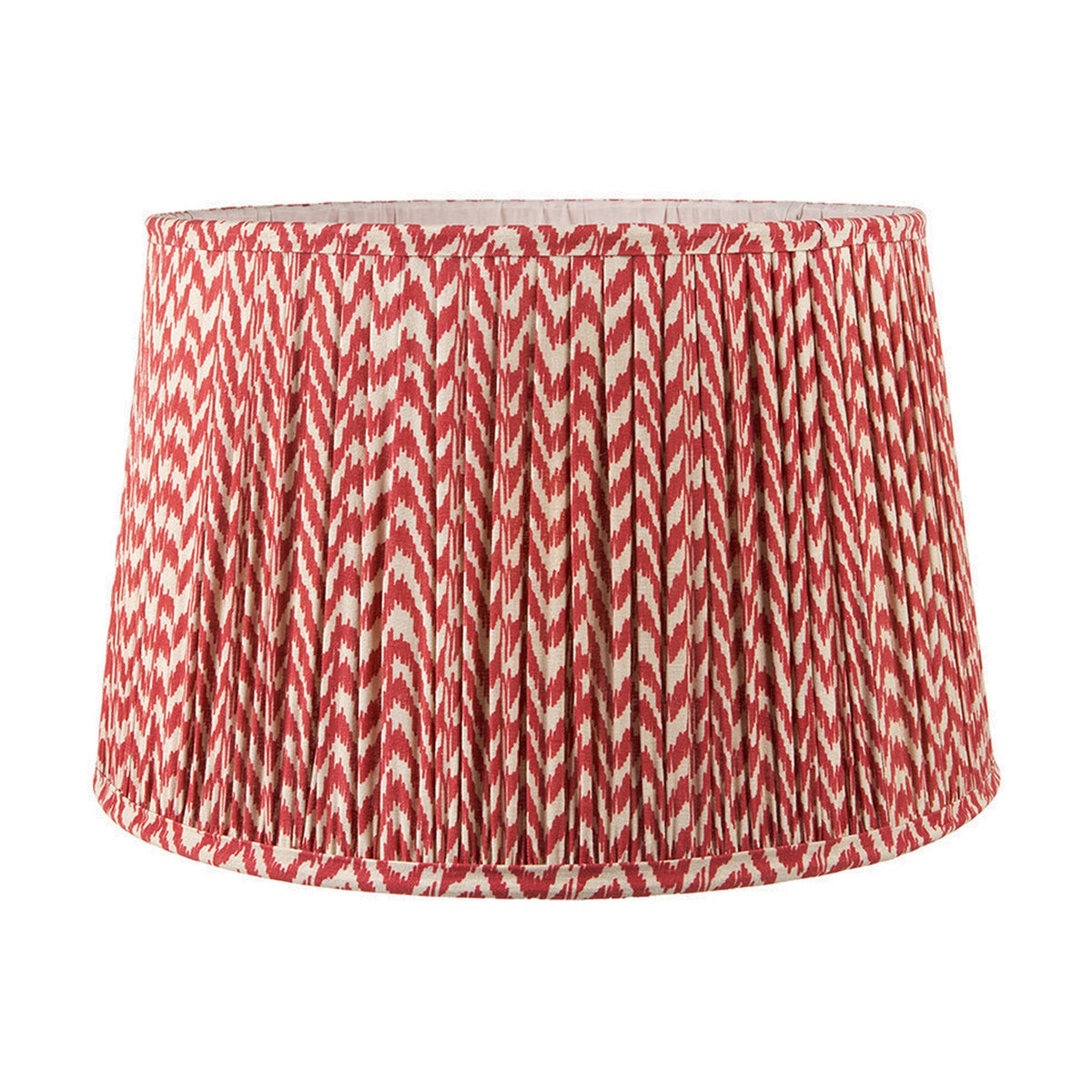 Vienna Red Chevron Pleated Lampshade, 50cm, in gathered red and cream zigzag fabric with a pale interior, shown on a plain white background.