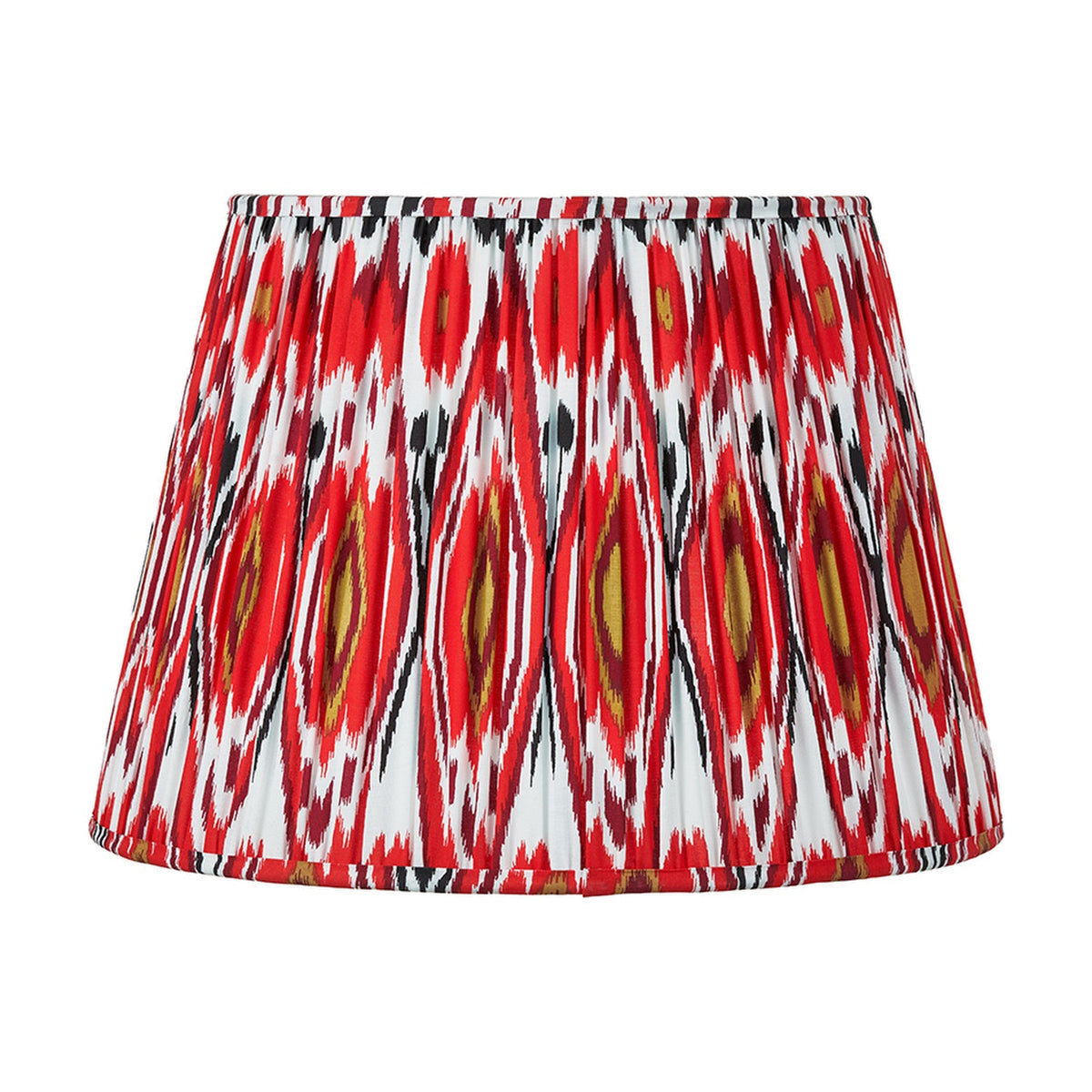 Izara Red Ikat Pleated Tapered Lampshade, 45cm, in a bold red, black and white diamond ikat pattern with fabric pleats, shown against a plain white background.