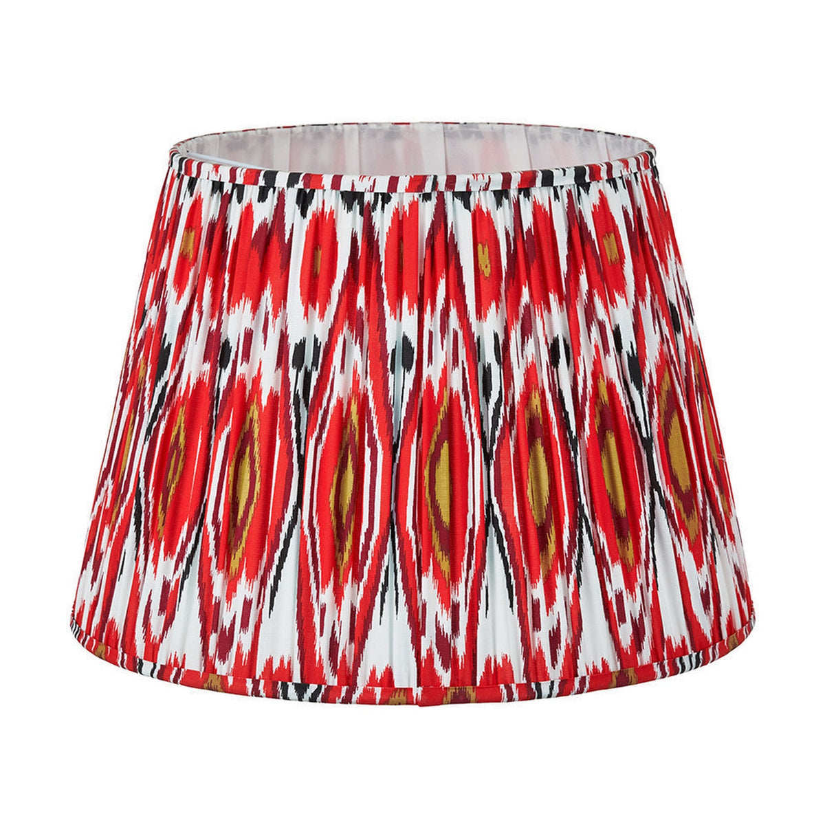 Izara Red Ikat Pleated Tapered Lampshade, 45cm, in a bold red, black, and white diamond ikat pattern fabric with gathered pleats, shown against a plain white background.