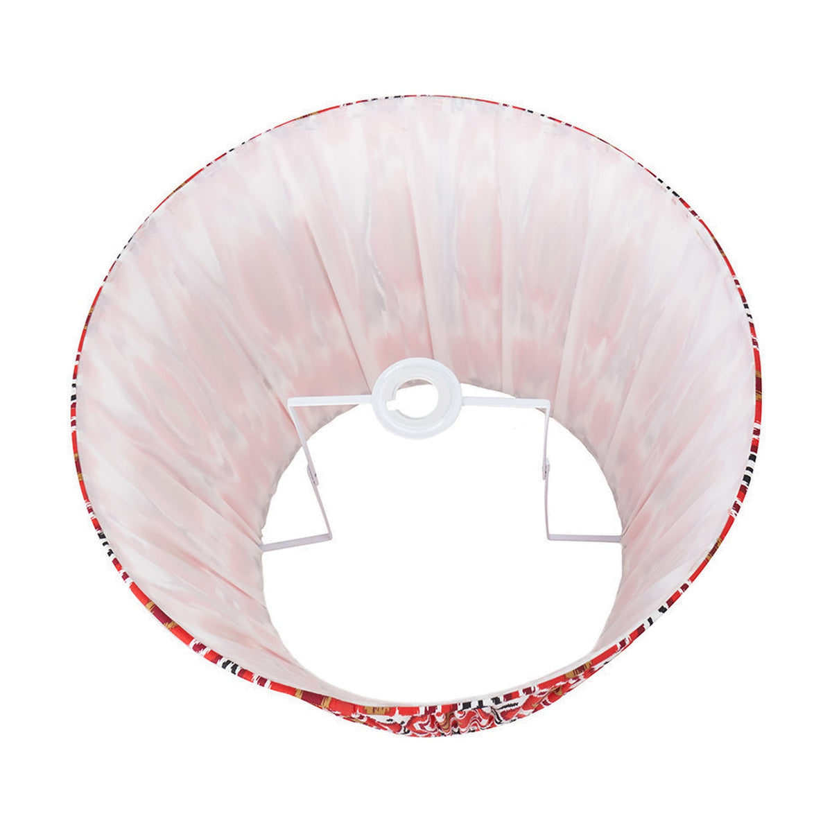 Izara Red Ikat Pleated Tapered Lampshade, 45cm, shown from below with pleated pink-toned fabric interior and red patterned trim, white fitting frame, on a plain background.