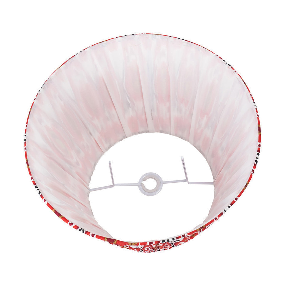 Izara Red Ikat Pleated Tapered Lampshade, 45cm, shown from below revealing pleated white and pink fabric interior, white wire frame fitting, and red ikat-patterned trim on a plain white background.