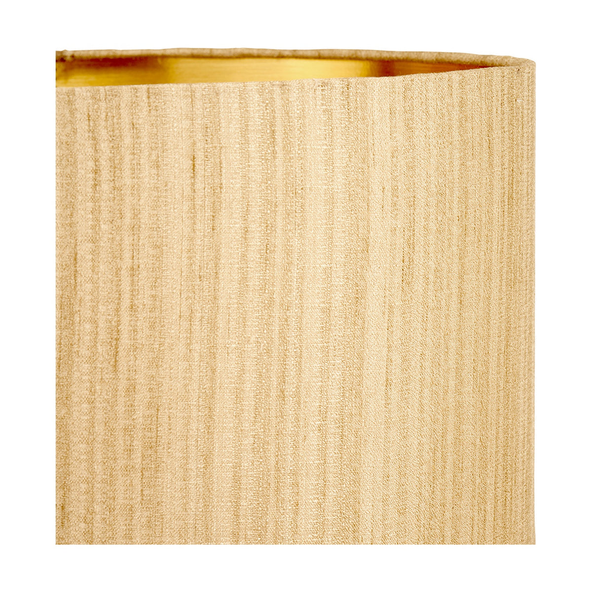 Close-up of the Stellan Gold Slubbed Silk Mix Lined Cylinder Lampshade, 30cm, showing textured fabric exterior and gold-lined interior on a plain background.